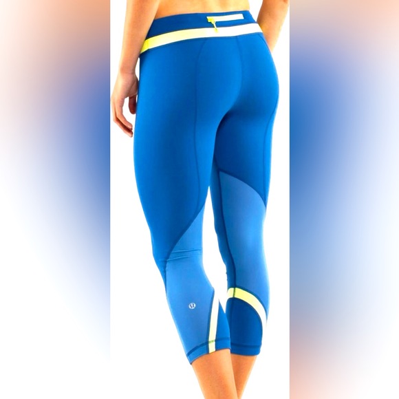 LULULEMON RUN INSPIRE BLUE W/YELLOW STRIPED WAIST BAND& HEM CROPPED LEGGINGS-S6 - Picture 4 of 14
